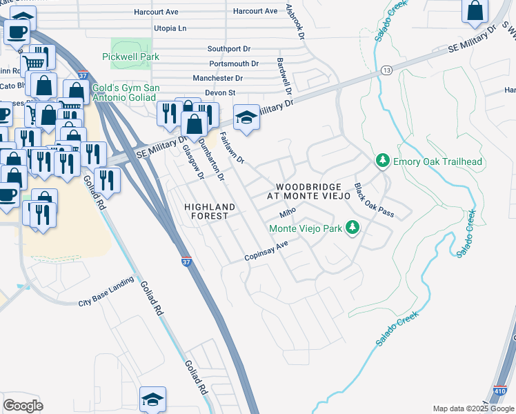 map of restaurants, bars, coffee shops, grocery stores, and more near 3803 Verde Bosque in San Antonio