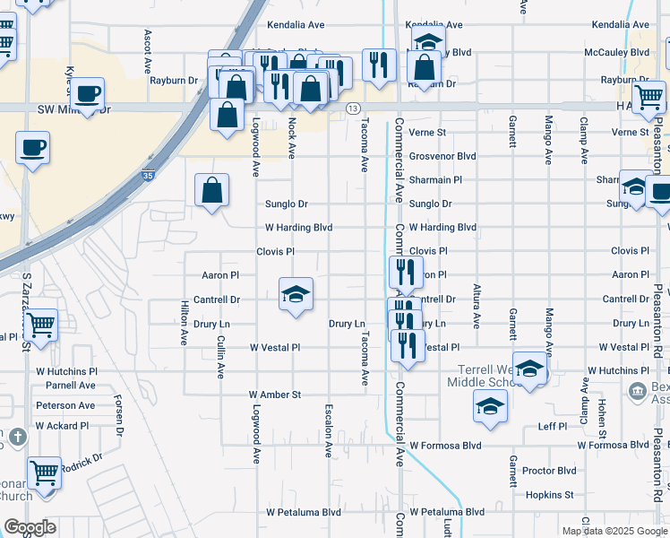 map of restaurants, bars, coffee shops, grocery stores, and more near 1006 Clovis Place in San Antonio