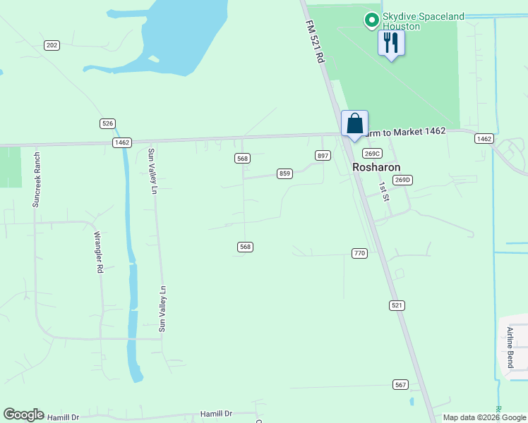 map of restaurants, bars, coffee shops, grocery stores, and more near 16419 County Road 568 in Rosharon