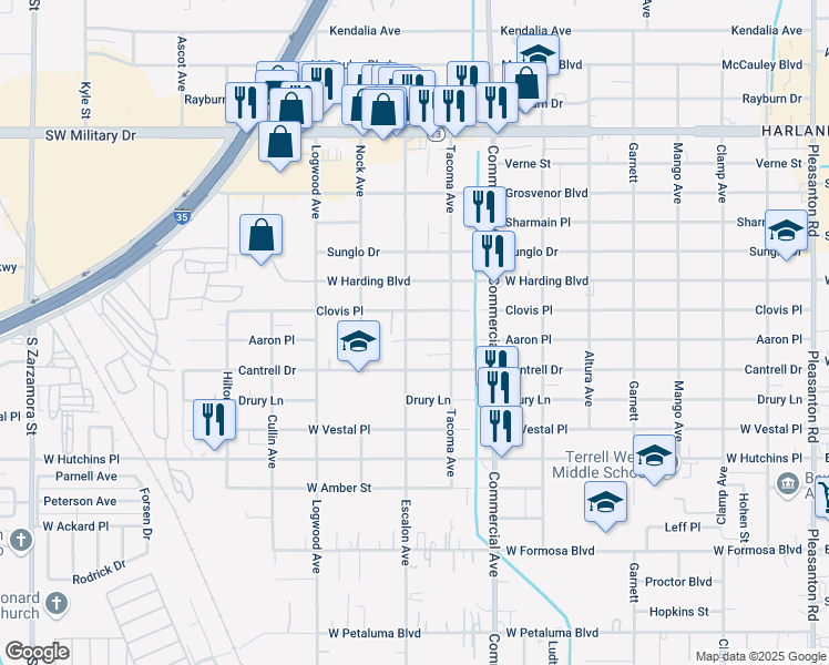 map of restaurants, bars, coffee shops, grocery stores, and more near 1006 Clovis Place in San Antonio