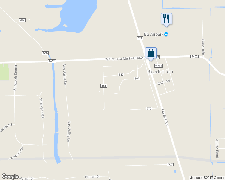 map of restaurants, bars, coffee shops, grocery stores, and more near 16419 County Road 568 in Rosharon