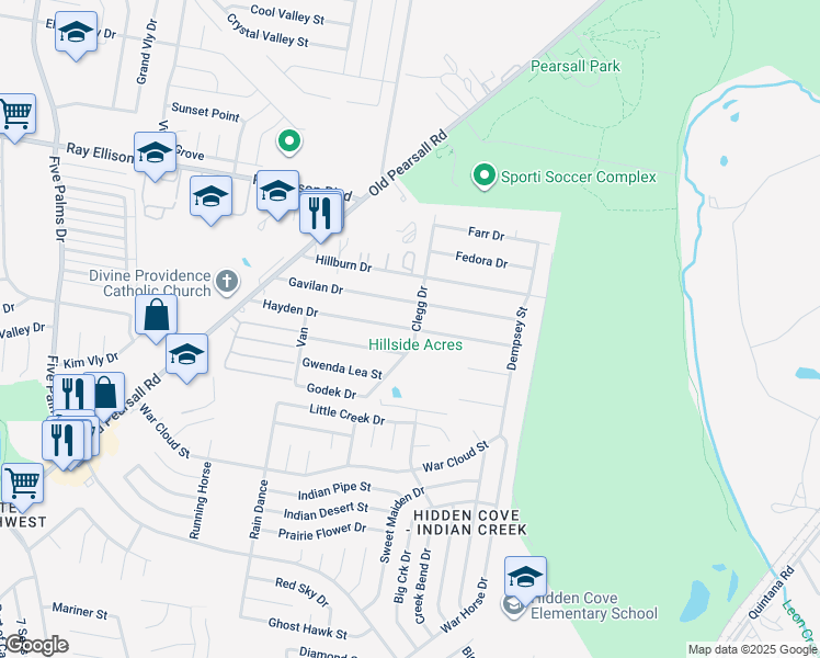 map of restaurants, bars, coffee shops, grocery stores, and more near 5315 Hayden Drive in San Antonio