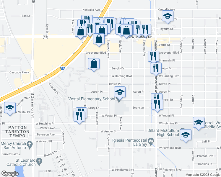 map of restaurants, bars, coffee shops, grocery stores, and more near 614 Logwood Avenue in San Antonio