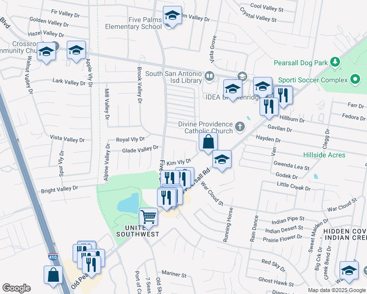 map of restaurants, bars, coffee shops, grocery stores, and more near 7503 Sweet Valley Street in San Antonio