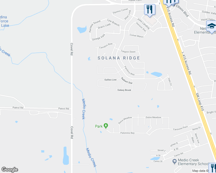 map of restaurants, bars, coffee shops, grocery stores, and more near 8023 Lunber Sound in San Antonio