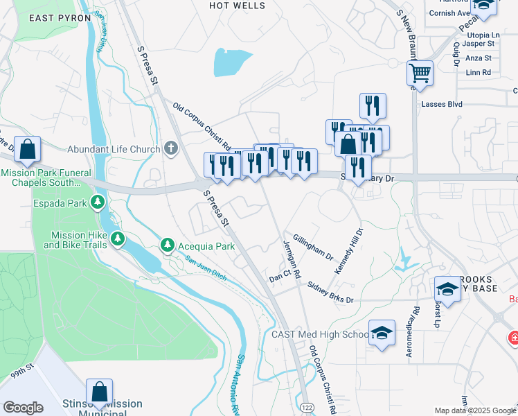 map of restaurants, bars, coffee shops, grocery stores, and more near 7577 Corpus Christi Highway in San Antonio