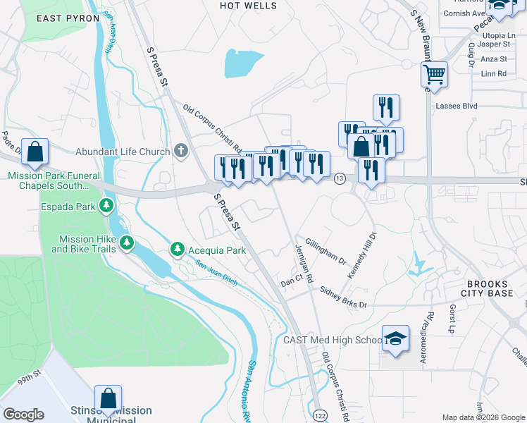 map of restaurants, bars, coffee shops, grocery stores, and more near 7577 Corpus Christi Highway in San Antonio