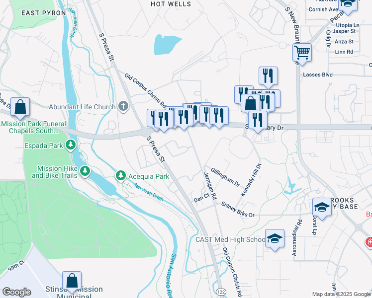map of restaurants, bars, coffee shops, grocery stores, and more near 7577 Corpus Christi Highway in San Antonio