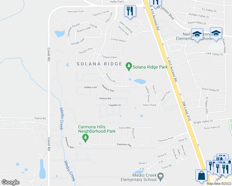 map of restaurants, bars, coffee shops, grocery stores, and more near 8107 Radiant Star in San Antonio