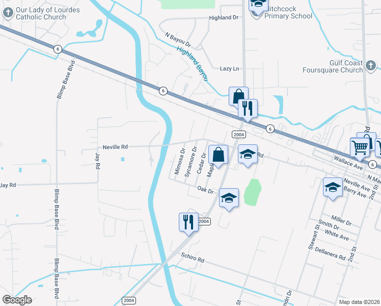 map of restaurants, bars, coffee shops, grocery stores, and more near 226 Sycamore Drive in Hitchcock