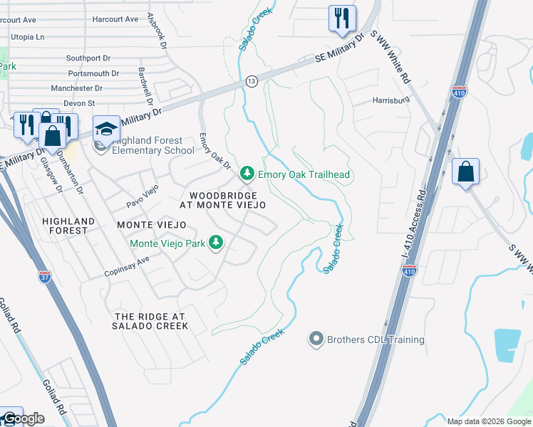 map of restaurants, bars, coffee shops, grocery stores, and more near 7802 Bur Oak Way in San Antonio