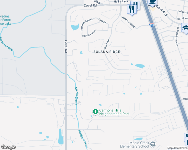 map of restaurants, bars, coffee shops, grocery stores, and more near 7426 Galileo Line in San Antonio