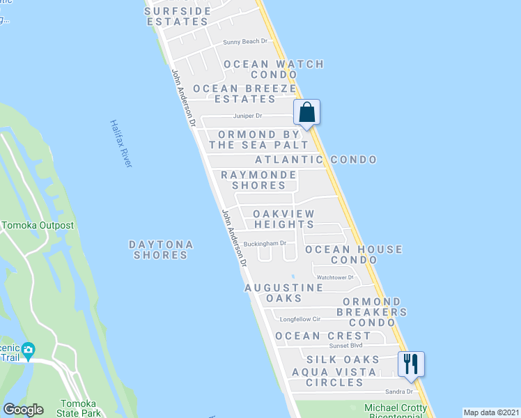 map of restaurants, bars, coffee shops, grocery stores, and more near 34 Sunrise Avenue in Ormond Beach