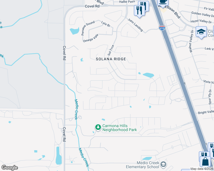 map of restaurants, bars, coffee shops, grocery stores, and more near 8003 Solar Mist in San Antonio