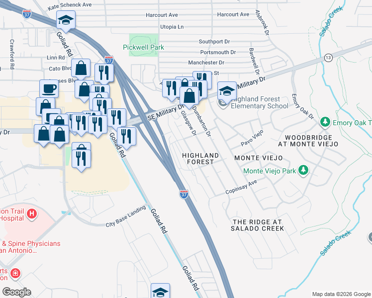 map of restaurants, bars, coffee shops, grocery stores, and more near 7514 Shetland Drive in San Antonio