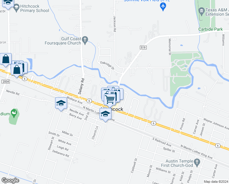 map of restaurants, bars, coffee shops, grocery stores, and more near 7801 Burgess Road in Hitchcock