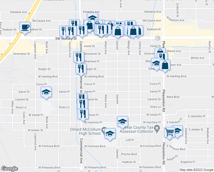 map of restaurants, bars, coffee shops, grocery stores, and more near 538 Clovis Place in San Antonio