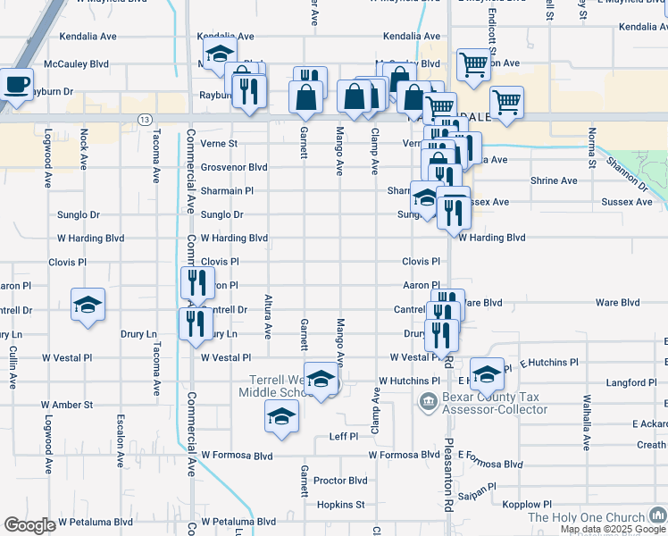 map of restaurants, bars, coffee shops, grocery stores, and more near 406 Clovis Place in San Antonio