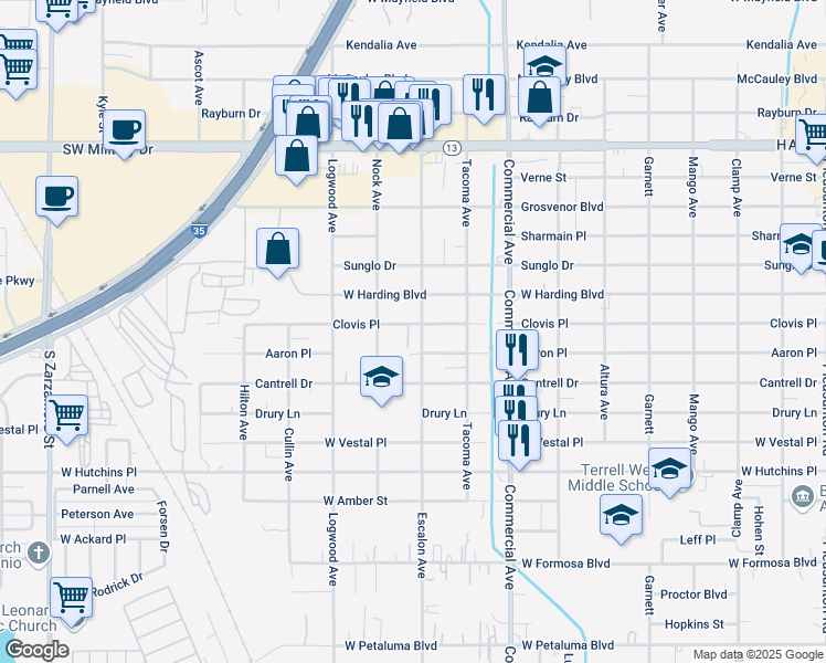 map of restaurants, bars, coffee shops, grocery stores, and more near 1006 Clovis Pl in San Antonio