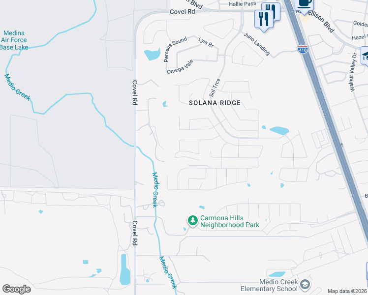 map of restaurants, bars, coffee shops, grocery stores, and more near 7426 Galileo Line in San Antonio