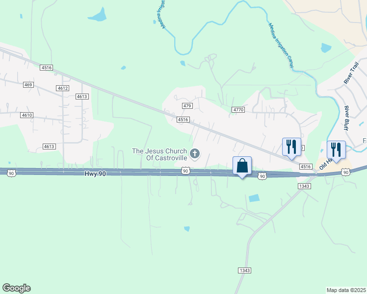 map of restaurants, bars, coffee shops, grocery stores, and more near 460 County Road 4516 in Castroville