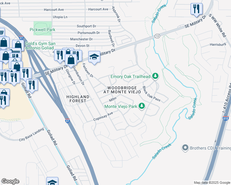 map of restaurants, bars, coffee shops, grocery stores, and more near 3914 Verde Bosque in San Antonio