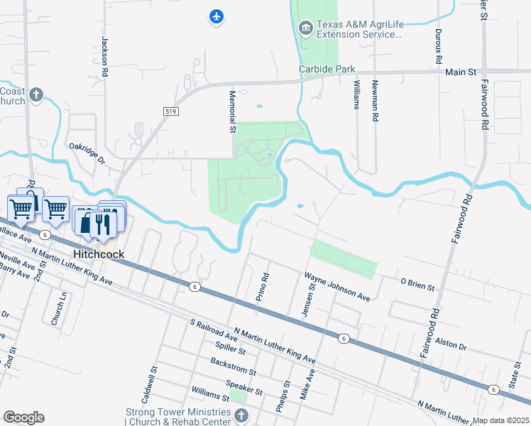 map of restaurants, bars, coffee shops, grocery stores, and more near 7126 Pine Dr in Hitchcock