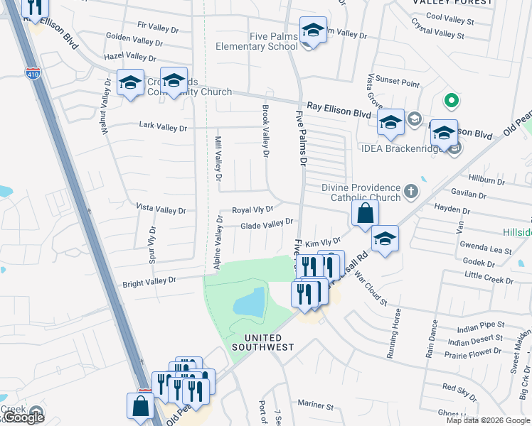 map of restaurants, bars, coffee shops, grocery stores, and more near 6014 Royal Valley Street in San Antonio