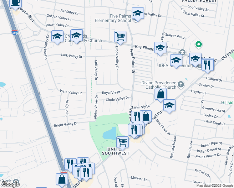 map of restaurants, bars, coffee shops, grocery stores, and more near 6014 Royal Valley Street in San Antonio
