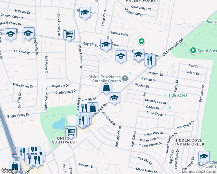 map of restaurants, bars, coffee shops, grocery stores, and more near 5802 Kim Valley Street in San Antonio