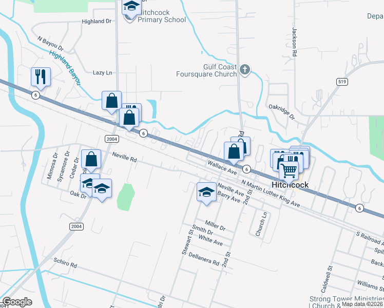 map of restaurants, bars, coffee shops, grocery stores, and more near 8322 Wallace Avenue in Hitchcock