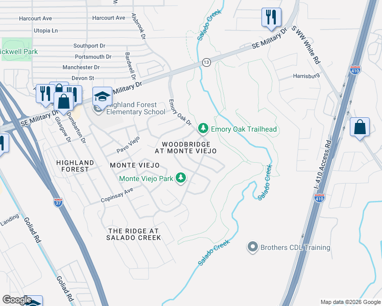 map of restaurants, bars, coffee shops, grocery stores, and more near 7710 Black Oak Pass in San Antonio