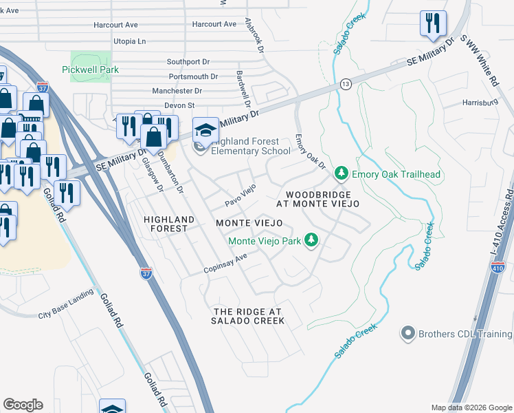 map of restaurants, bars, coffee shops, grocery stores, and more near 3914 Verde Bosque in San Antonio