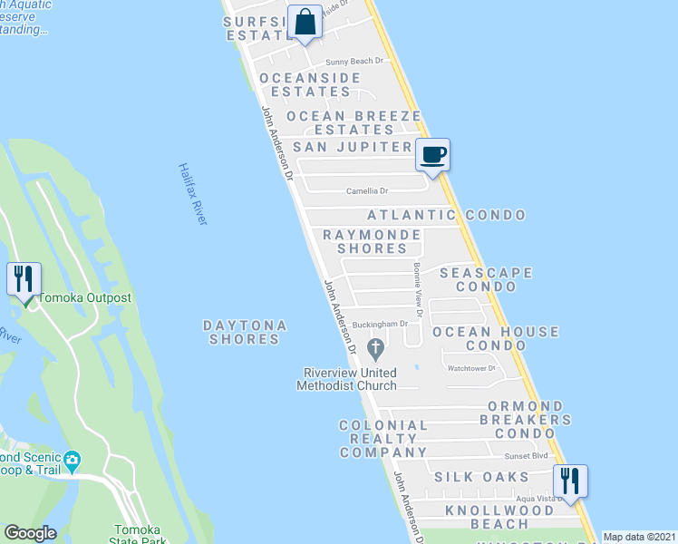 map of restaurants, bars, coffee shops, grocery stores, and more near 51 Oakview Circle in Ormond Beach