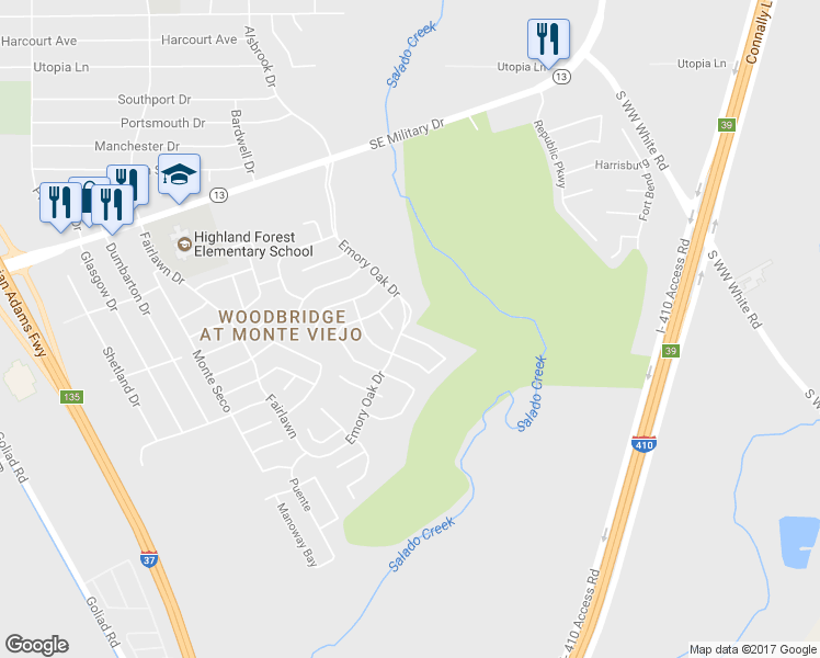 map of restaurants, bars, coffee shops, grocery stores, and more near 7802 Bur Oak Way in San Antonio