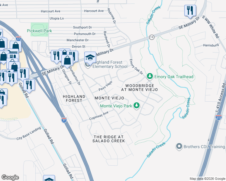map of restaurants, bars, coffee shops, grocery stores, and more near 3914 Verde Bosque in San Antonio