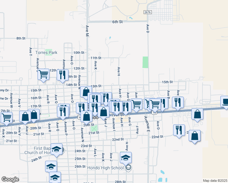 map of restaurants, bars, coffee shops, grocery stores, and more near 810 16th Street in Hondo