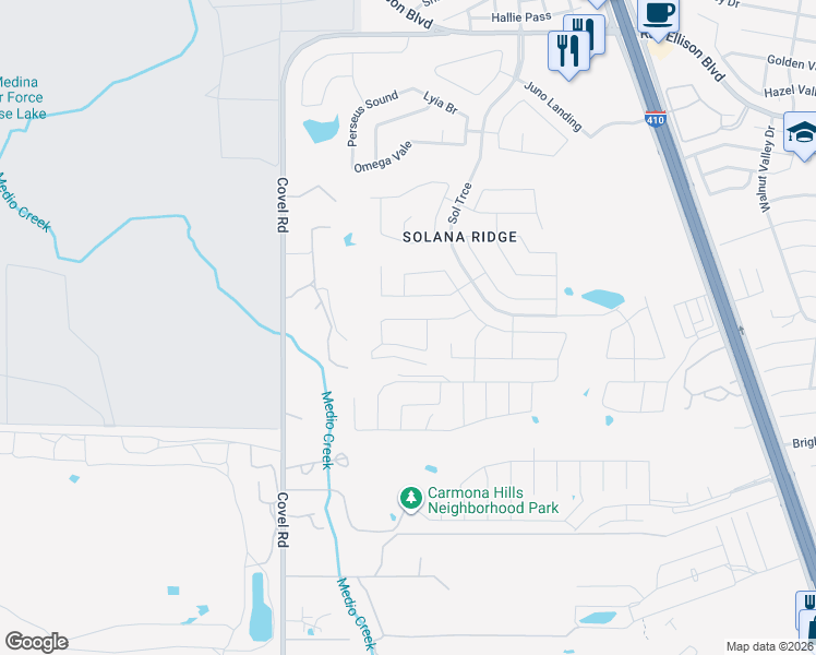 map of restaurants, bars, coffee shops, grocery stores, and more near 7426 Galileo Line in San Antonio