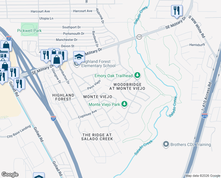 map of restaurants, bars, coffee shops, grocery stores, and more near 3902 Bear Oak Path in San Antonio