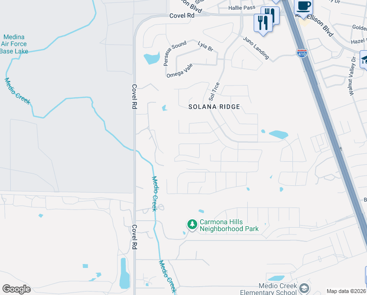 map of restaurants, bars, coffee shops, grocery stores, and more near 7426 Galileo Line in San Antonio