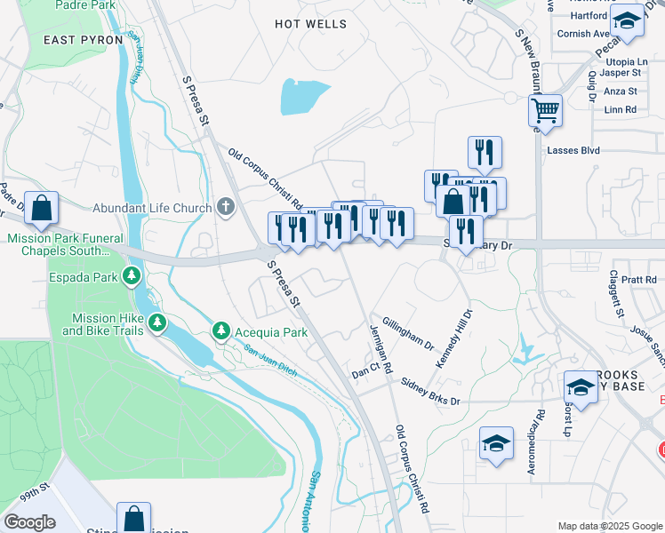 map of restaurants, bars, coffee shops, grocery stores, and more near 7577 Corpus Christi Highway in San Antonio