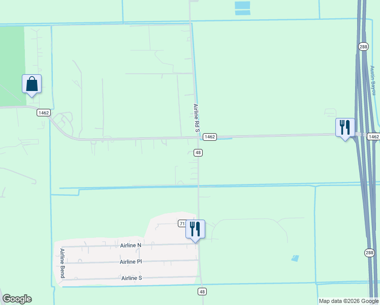 map of restaurants, bars, coffee shops, grocery stores, and more near 10426 County Road 48 in Rosharon
