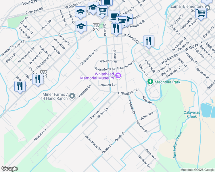 map of restaurants, bars, coffee shops, grocery stores, and more near 1404 Griner Street in Del Rio