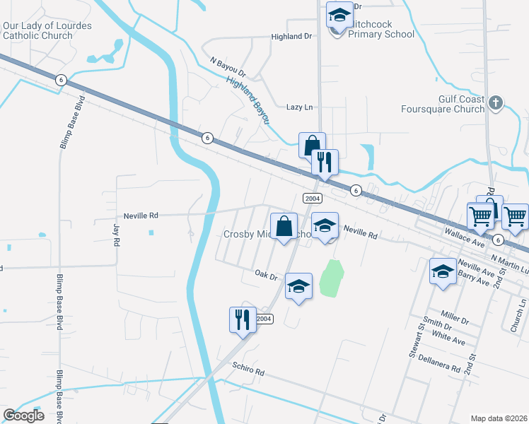 map of restaurants, bars, coffee shops, grocery stores, and more near 214 Cedar Drive in Hitchcock