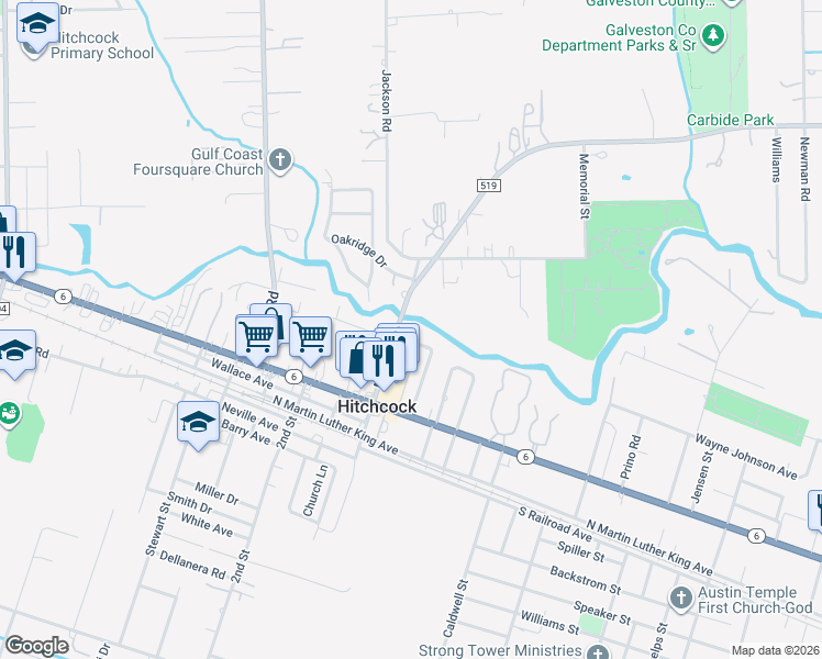 map of restaurants, bars, coffee shops, grocery stores, and more near 7714 Pecanwood Street in Hitchcock