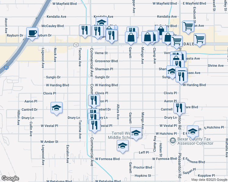 map of restaurants, bars, coffee shops, grocery stores, and more near 538 Clovis Place in San Antonio