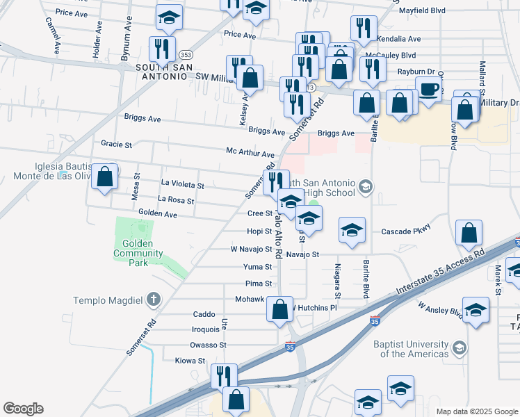 map of restaurants, bars, coffee shops, grocery stores, and more near 114 Cree Street in San Antonio