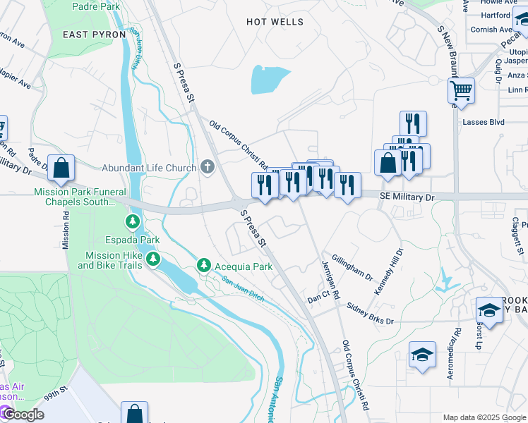 map of restaurants, bars, coffee shops, grocery stores, and more near 7622 South Presa Street in San Antonio
