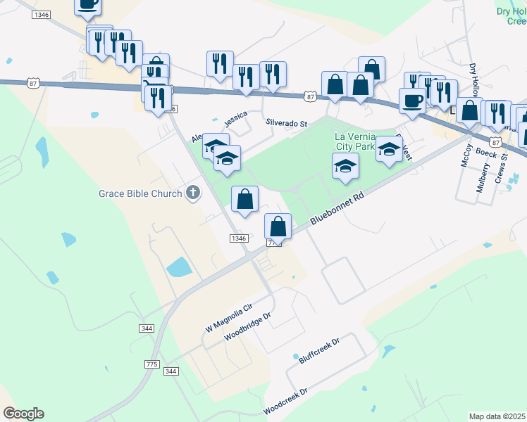 map of restaurants, bars, coffee shops, grocery stores, and more near 486 Bluebonnet Road in La Vernia
