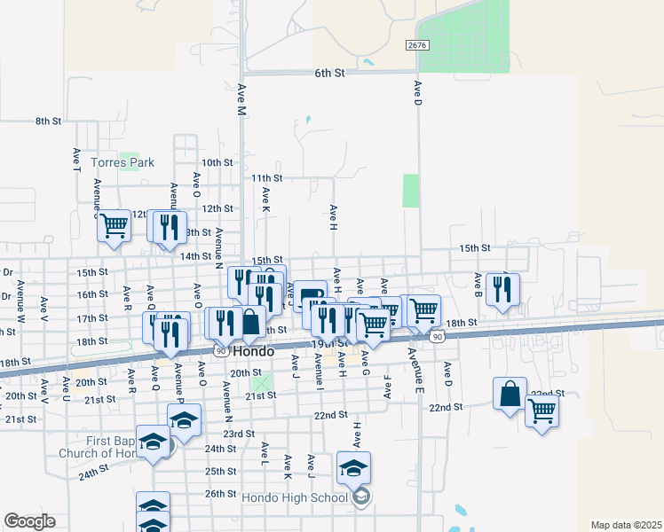 map of restaurants, bars, coffee shops, grocery stores, and more near 810 16th Street in Hondo